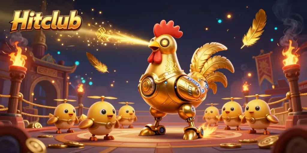 Hitclub illustrated scene with a golden rooster robot and chick drones in a dynamic casino setting.
