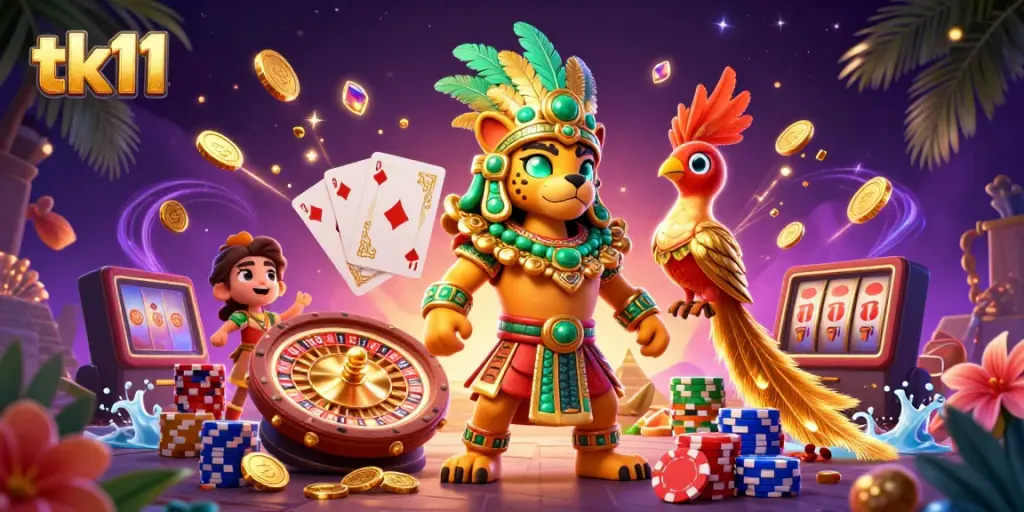 Experience engaging tk11 gameplay with a mystical casino scene featuring vibrant Mayan-themed characters and elements.
