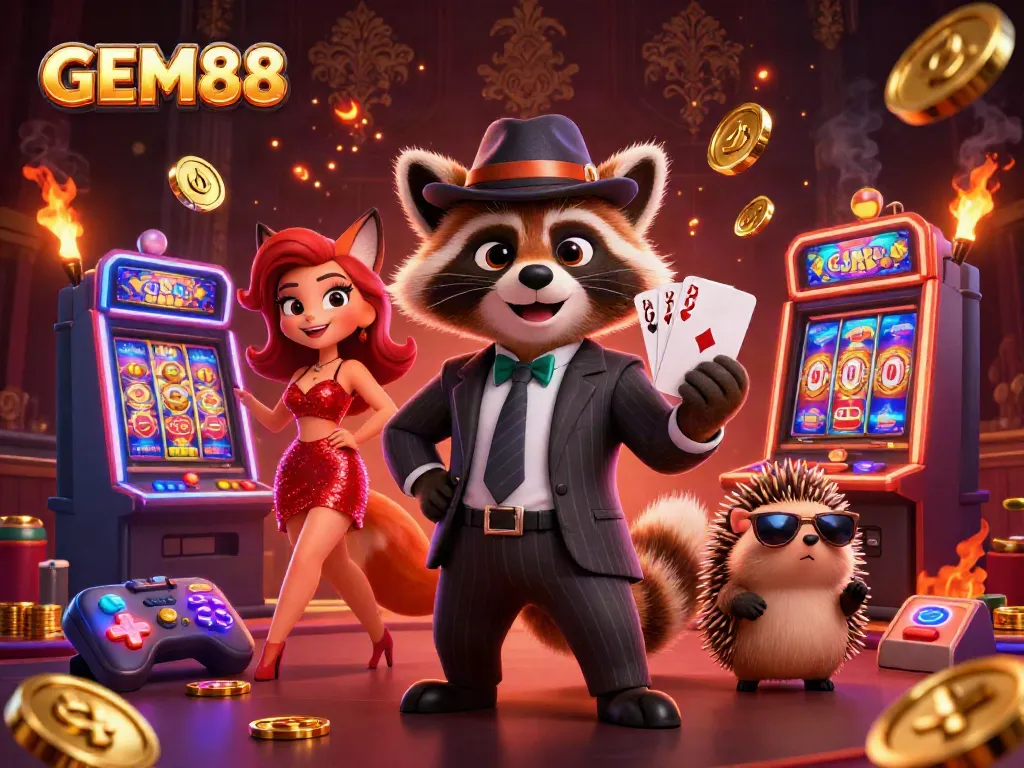 Experience vibrant gaming at GEM88 with a suave raccoon and glamorous companions in a dynamic casino scene.