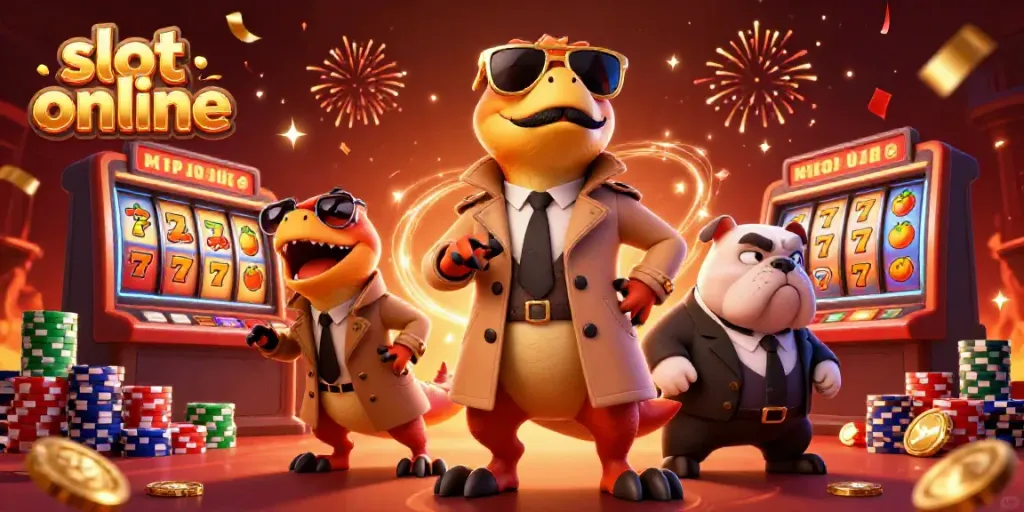 Slot online menampilkan tiga raptor kartun berpura-pura dalam jas memasuki kasino VIP.