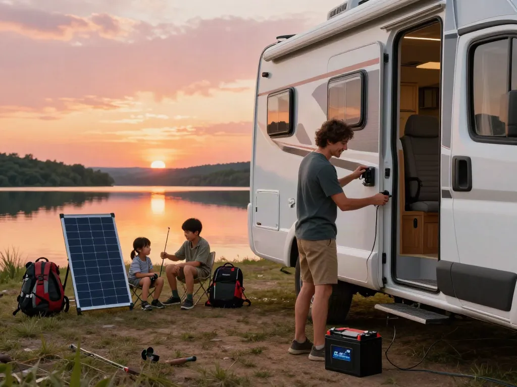 Family connecting a 12V Lithium Battery to an RV at a lakeside during sunset, showcasing outdoor adventure.