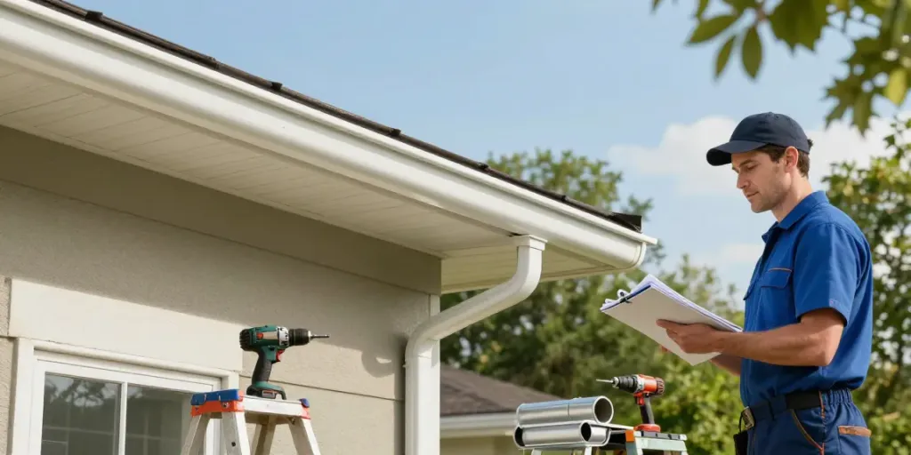 Spokane gutters installation showcased on a bright home with a contractor inspecting work.