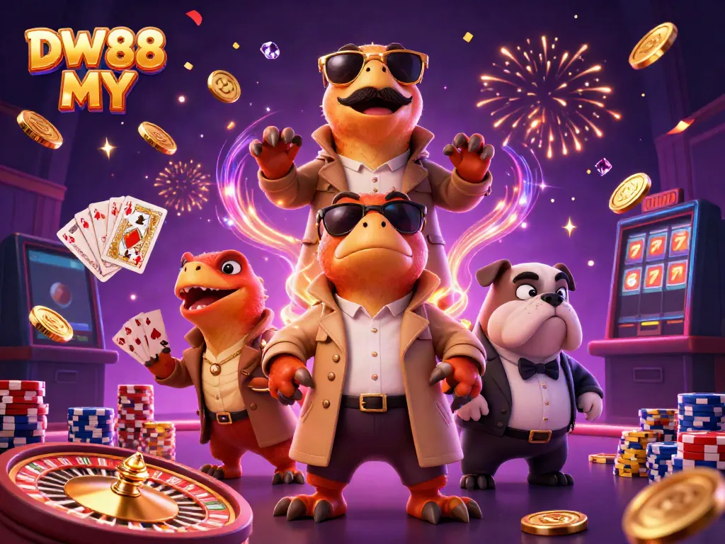 Win big at DW88 MY with a lively casino scene featuring cartoon raptors in a trench coat.