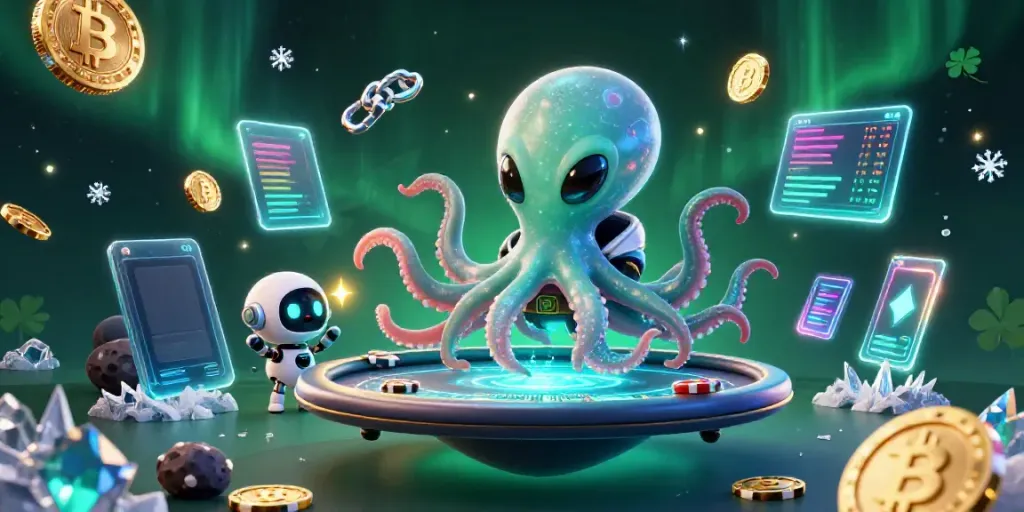 Lucky octopus at a holographic poker table showcases TK88's vibrant casino energy.