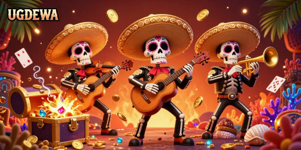 Engage with UGDEWA's vibrant casino experience as skeleton mariachi musicians celebrate with treasures and excitement.