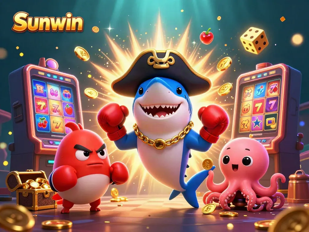 Experience the excitement at Sunwin with dynamic characters and thrilling casino elements in a vibrant underwater scene.