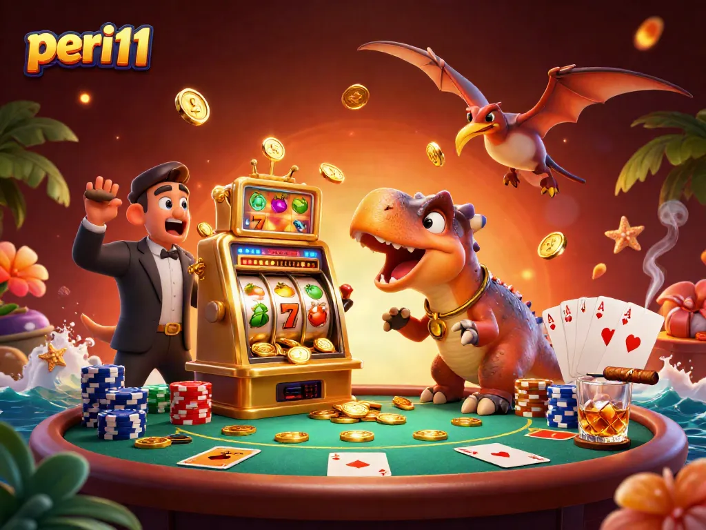 Engage with the thrilling action at peri11 as cartoon dinosaurs interact with a jackpot machine, capturing a gambling moment.