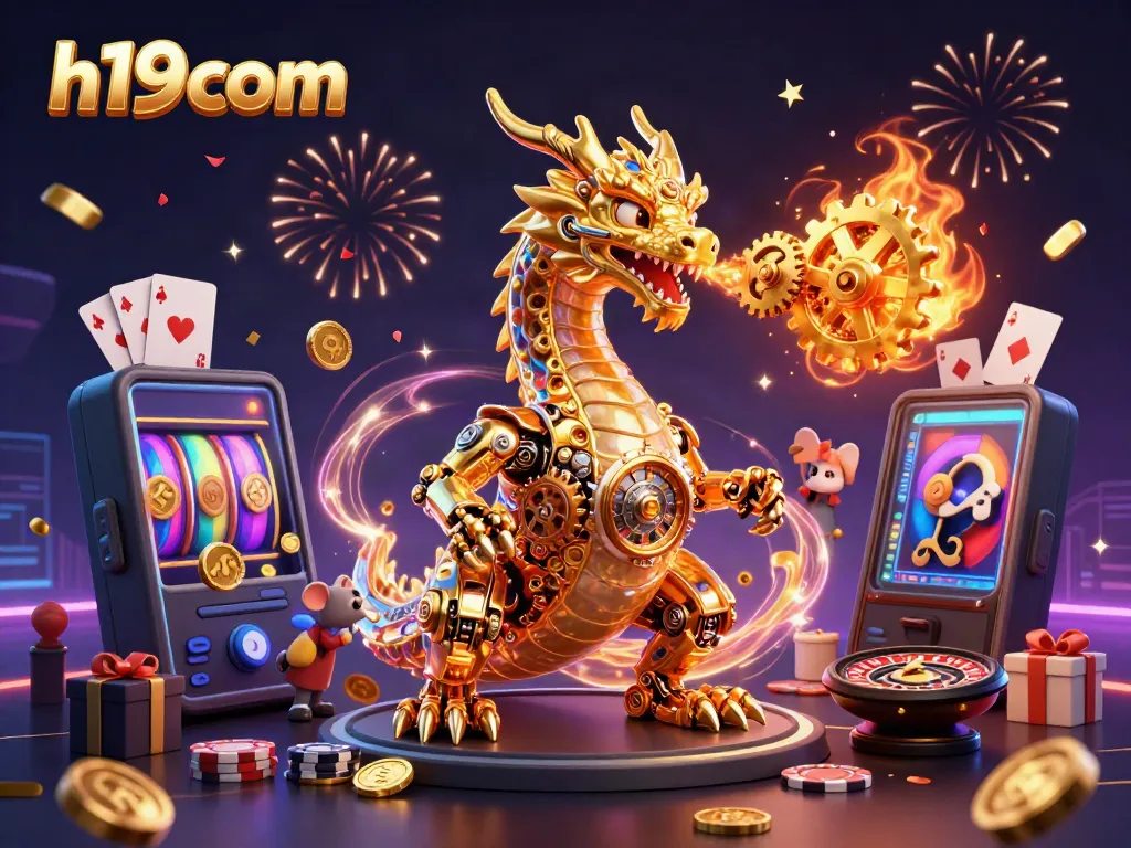 Engage in thrilling gameplay with h19com, featuring a golden dragon, dynamic slot games, and vibrant casino elements.