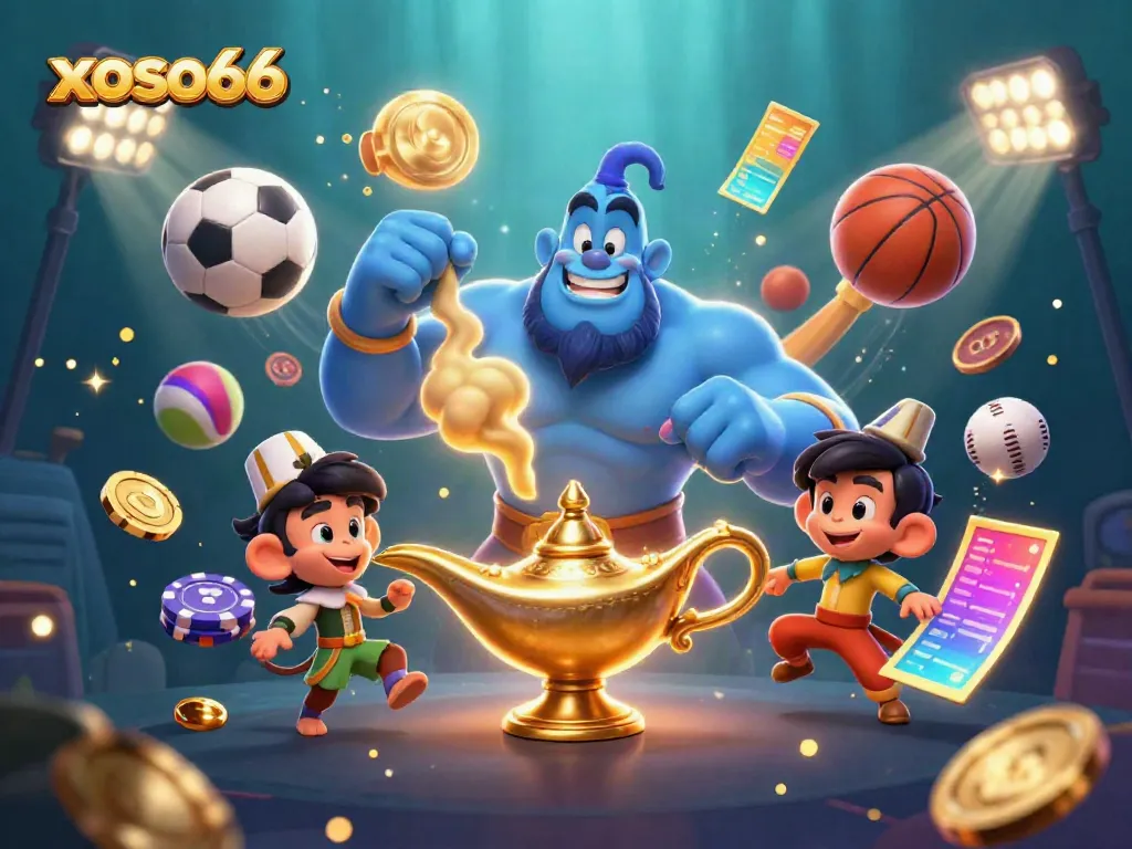 Experience the thrilling adventures of xoso66 with a muscular blue genie, magical symbols, and endless winning potential.