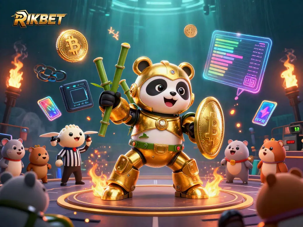 Experience the thrill of gaming with RIKBET's vibrant 3D casino illustrated scene featuring a mech-suit panda.