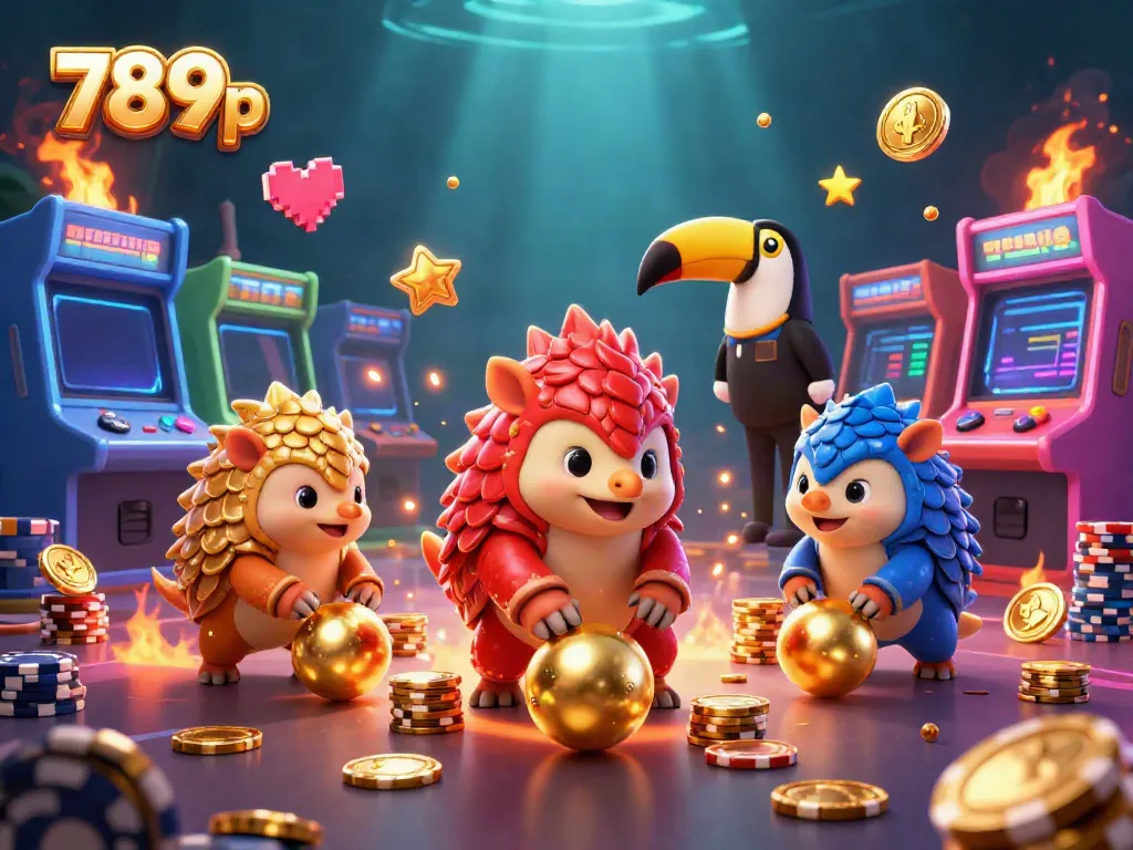 Engage with thrilling 789p gameplay as red and blue pangolins roll golden balls through poker chips.