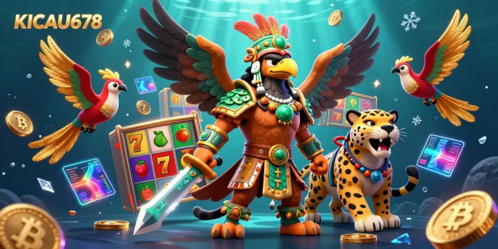 KICAU678 promotes an exciting slot game experience with a vibrant Aztec theme illustrated in 3D.