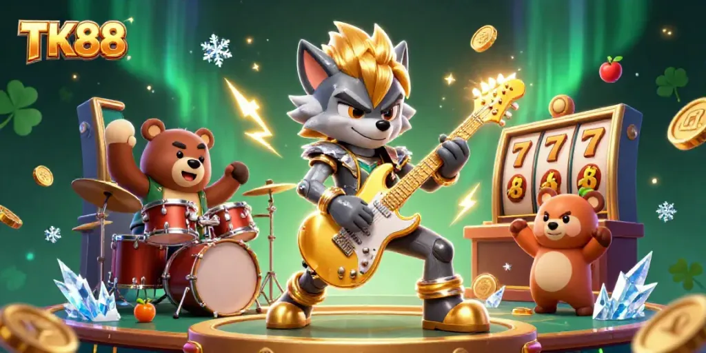 Experience TK88's vibrant casino atmosphere with a cartoon rock star wolf and drummer bear.