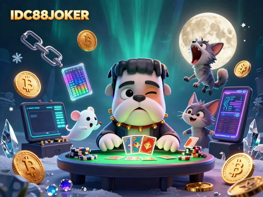 Experience excitement at IDC88JOKER with a thrilling 3D casino scene of unique characters and glowing crypto coins.