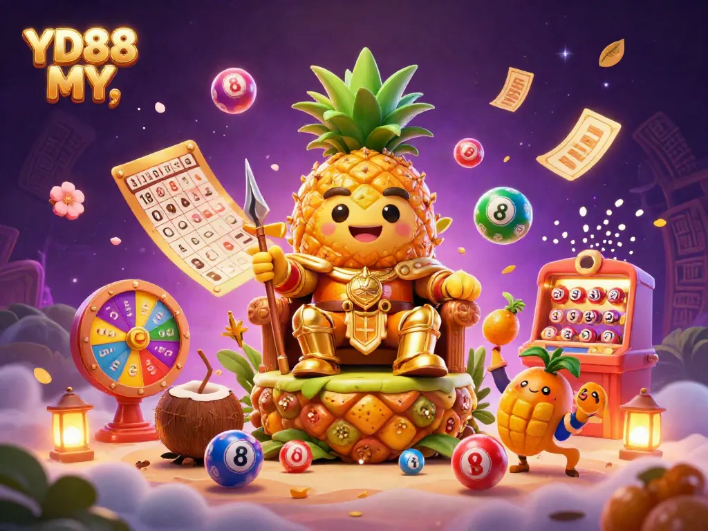 Experience the vibrant casino atmosphere of YD88 MY with the golden pineapple king and interactive elements.