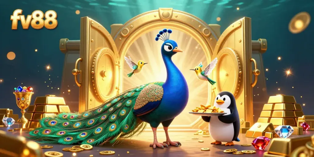 Engage in the vibrant world of fv88, showcasing a peacock and penguin amid sparkling treasures and casino elements.