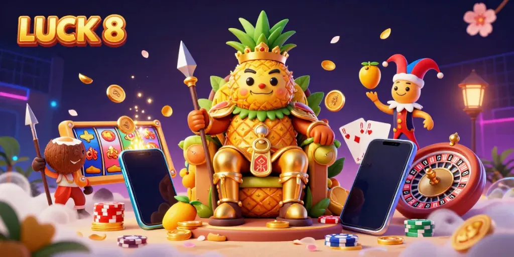 Experience LUCK 8's vibrant beach casino with a golden pineapple king and dynamic slot games.