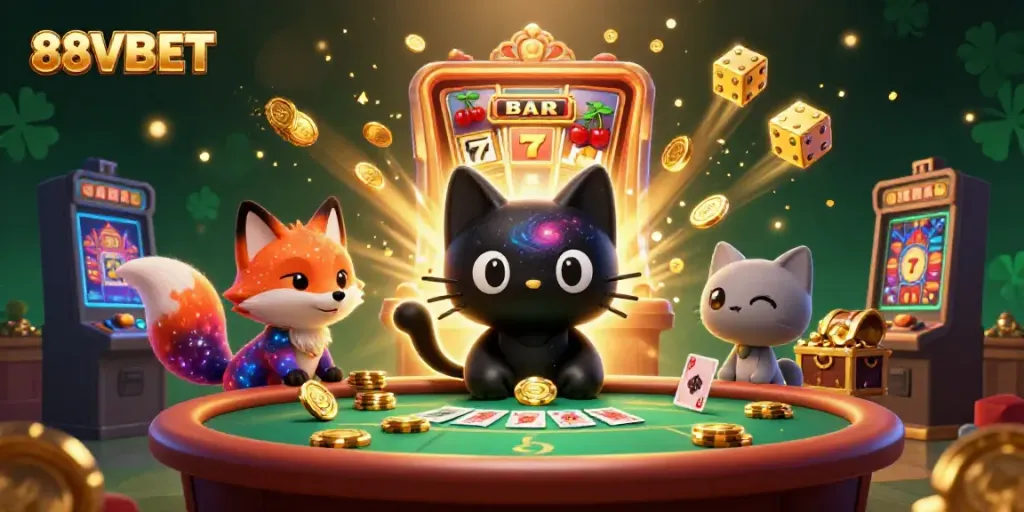 Experience thrilling gaming adventures with 88VBET in this vibrant 3D casino scene.