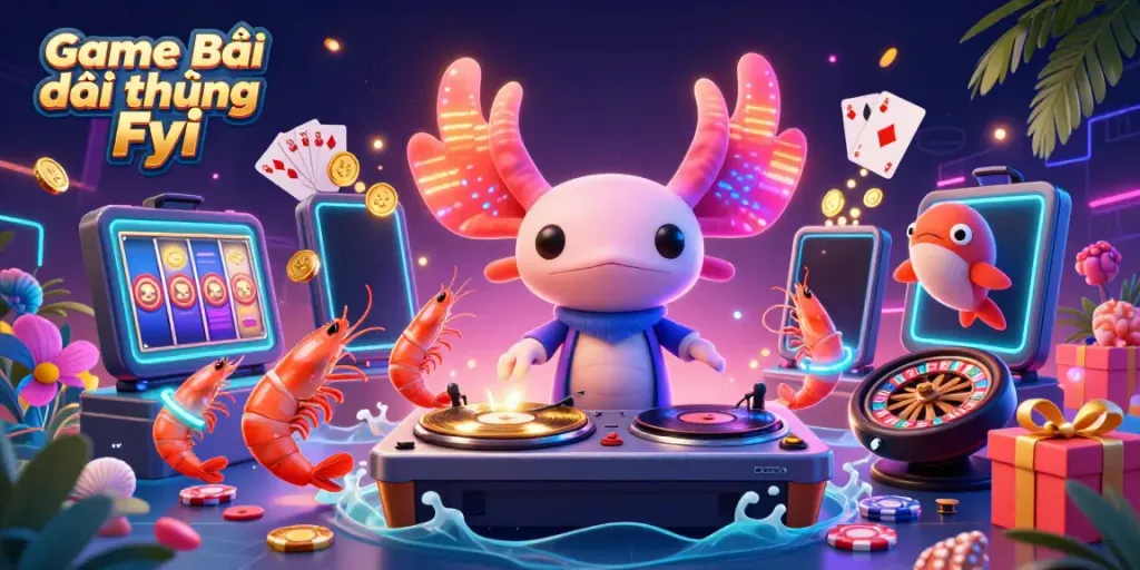 Experience vibrant gaming action with Game Bài Đổi Thưởng Fyi featuring an axolotl DJ and lively aquatic characters.