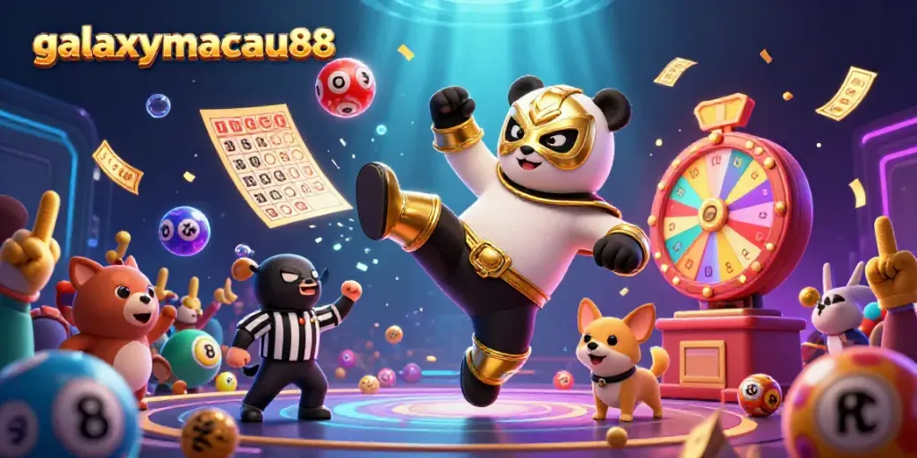 Witness the energetic action of galaxymacau88 with a panda wrestler's kick, surrounded by colorful lottery elements.