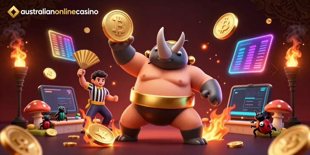 Engaging scene of the australianonlinecasino showcasing a beetle champion with gold coins and vibrant game elements.