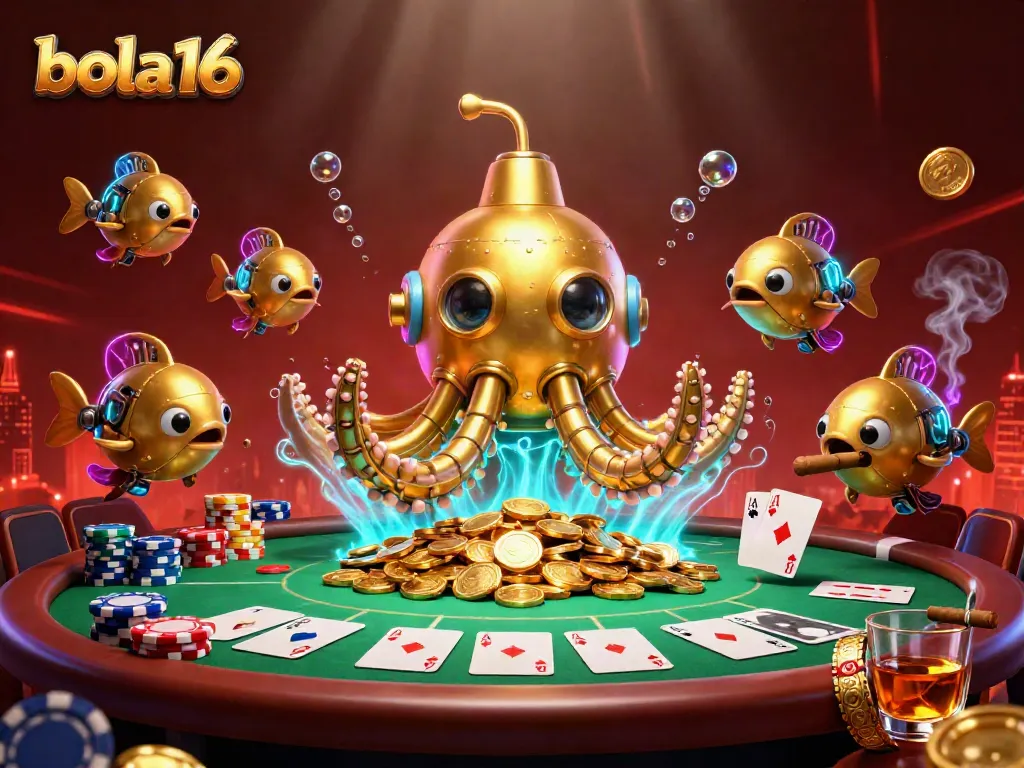 Bola16 interactive scene with a golden kraken submarine, poker chips, and a vibrant background.