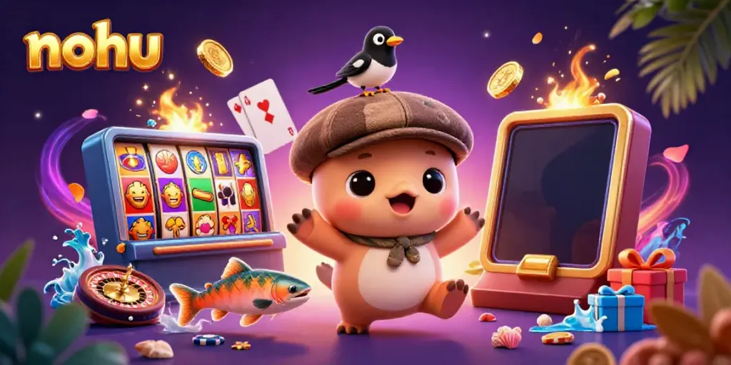 Engage with the vibrant nohu gaming scene featuring playful cartoon characters amidst spinning slot reels.