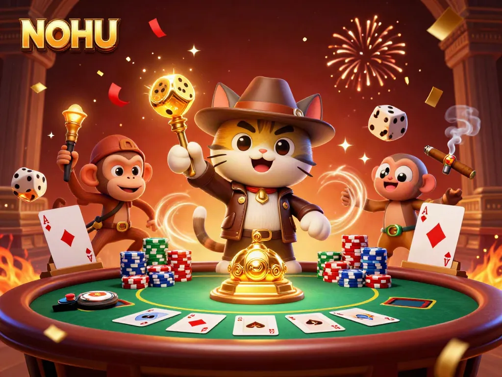 Experience thrilling gaming moments at NOHU with a cartoon explorer cat discovering treasures.