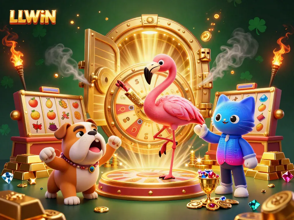LLWIN casino's vibrant 3D scene showcases an animated flamingo host, bulldog contestant, and sparkling prizes.