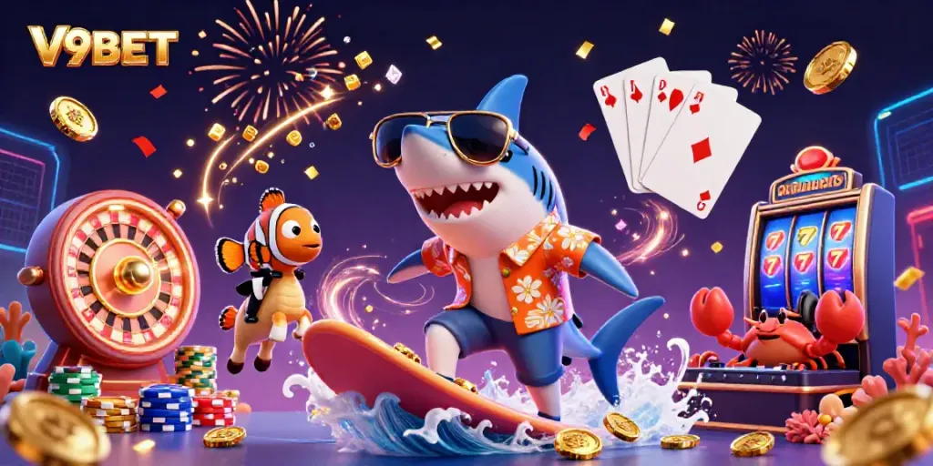 Win big with V9BET in a vibrant underwater casino scene featuring dynamic characters and gaming elements.