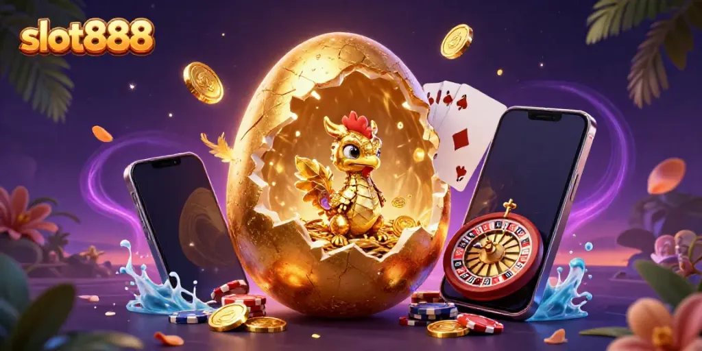 Experience thrilling spins on slot888 with a striking illustration of a golden dragon and vibrant casino elements.