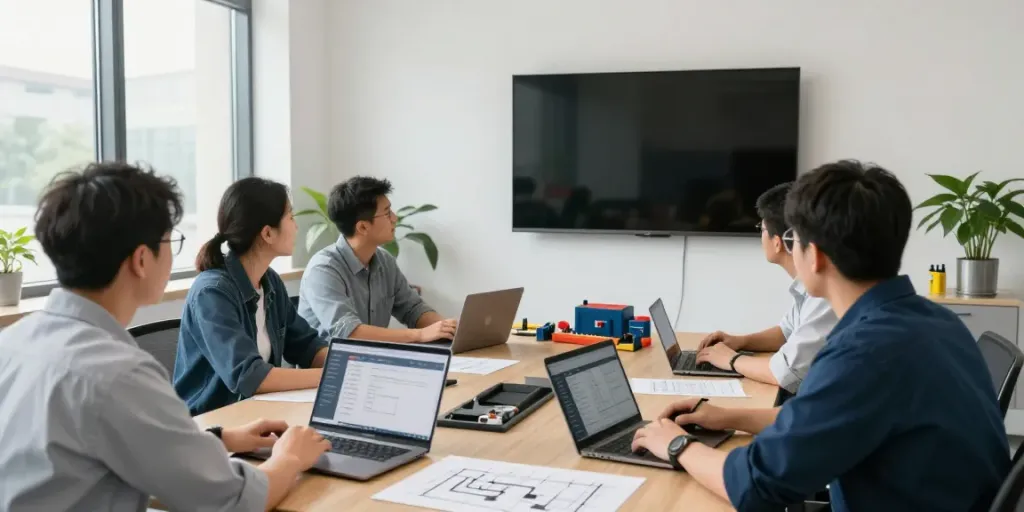 Team of professionals using Plumbing Business Software for project planning in a bright office.