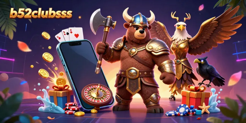 Engage in thrilling slots at b52clubsss with a Viking berserker and Valkyrie eagle illustration.