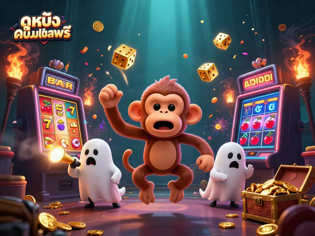 Experience the thrill of ดูหนังออนไลน์ฟรี with dynamic casino action featuring a playful poltergeist monkey and a curious puppy.