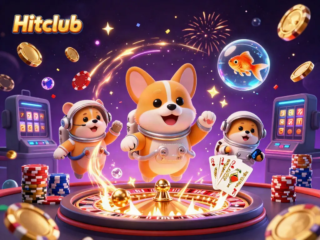 Hitclub showcases an epic casino scene with a playful astronaut corgi and vibrant gambling elements.