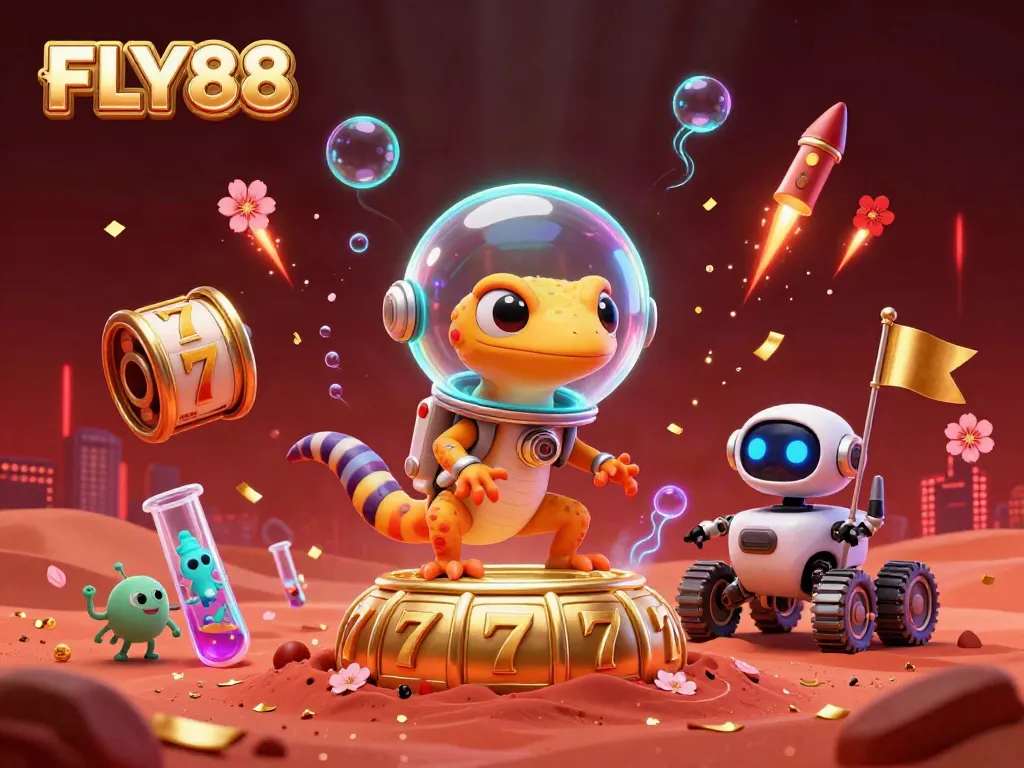 Engage with FLY88’s thrilling 3D casino adventure featuring a Martian gecko and sparkling slot reels.
