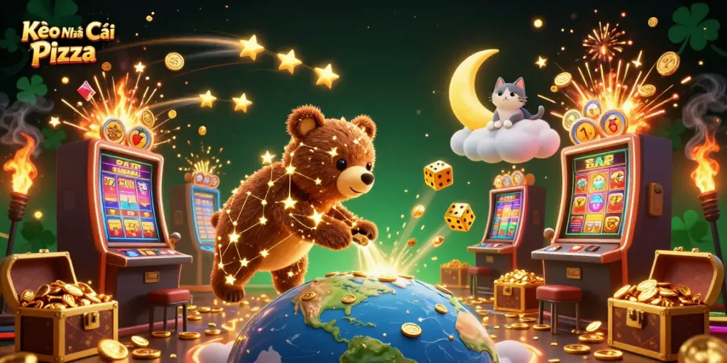 Kèo Nhà Cái Pizza brings excitement to gamers with a dynamic casino scene featuring slot machines and golden treasures.