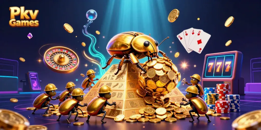 Pkv Games scene featuring a massive golden dung beetle and poker elements lighting up the pyramid.