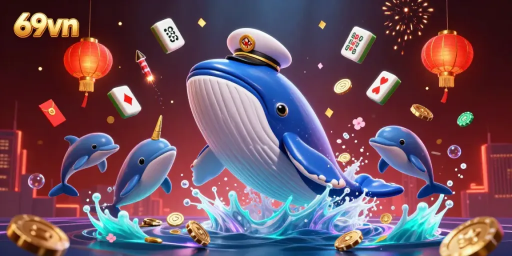 Engage in thrilling 69vn casino adventures with a majestic whale and playful dolphins amidst gold coins.