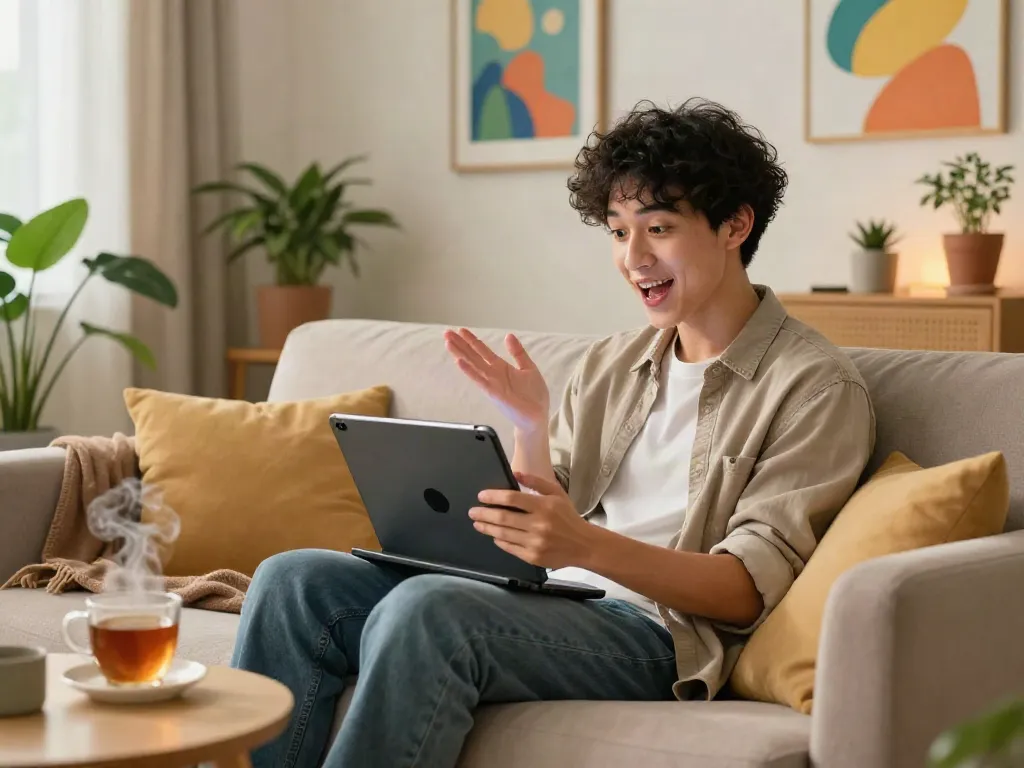 Free AI sex chat depicted in a cozy living room with a person enjoying a tablet conversation with an AI character.