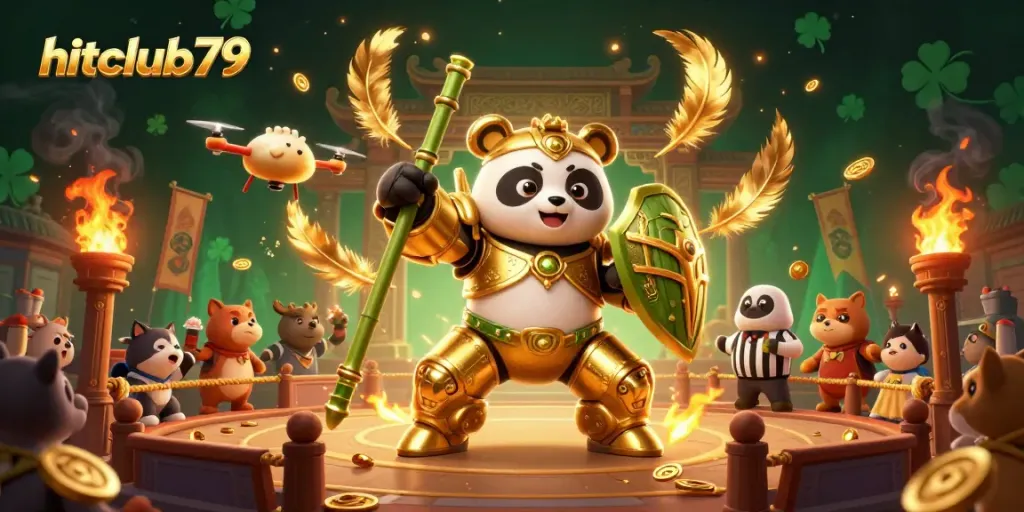Experience the dynamic action of hitclub79 with a mech-suit panda in a lively betting arena filled with game elements.