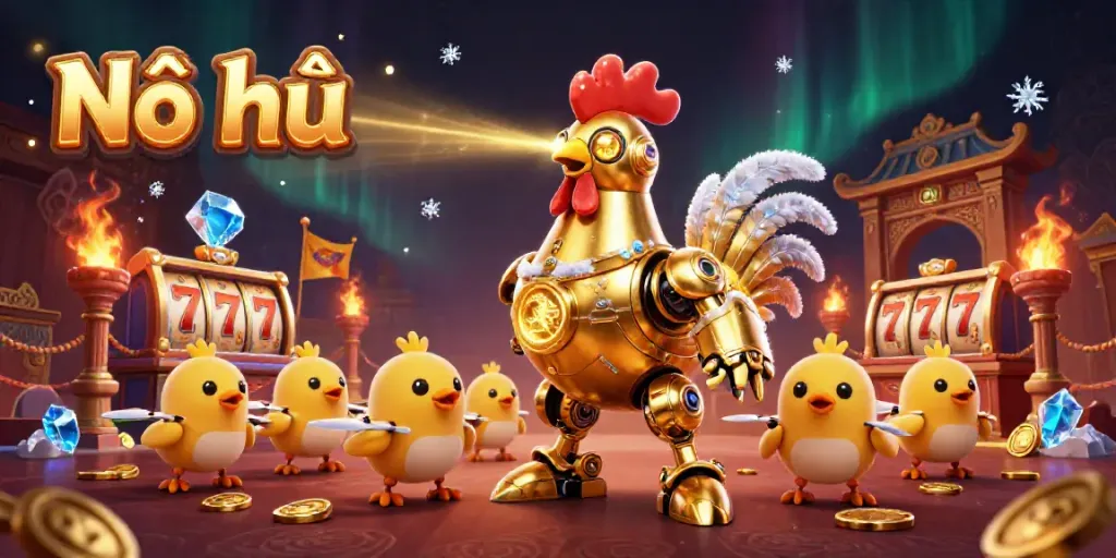 Nổ hũ logo shines as a golden rooster robot and baby chick drones engage in a dynamic casino scene filled with slot elements and gold