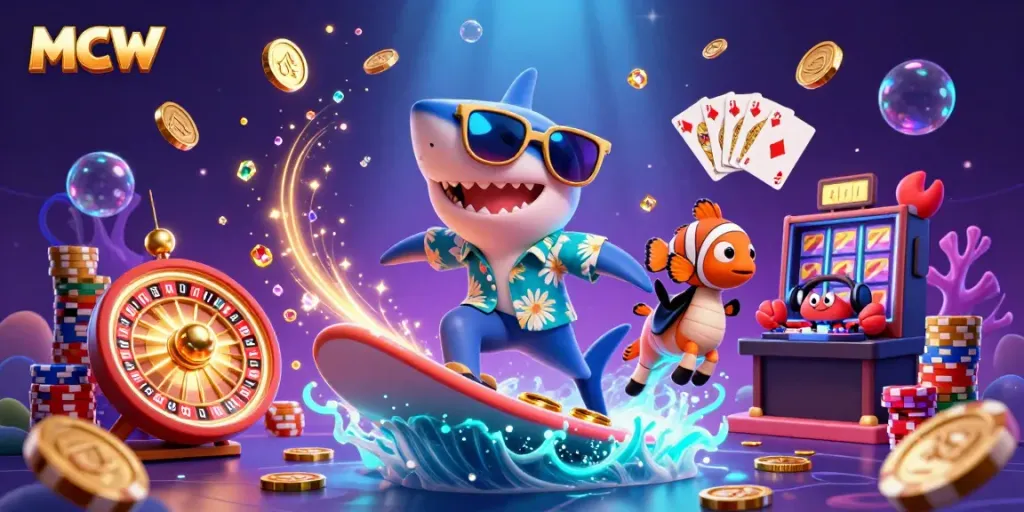 MCW features a vibrant underwater scene with a hammerhead shark and friends celebrating casino gaming.