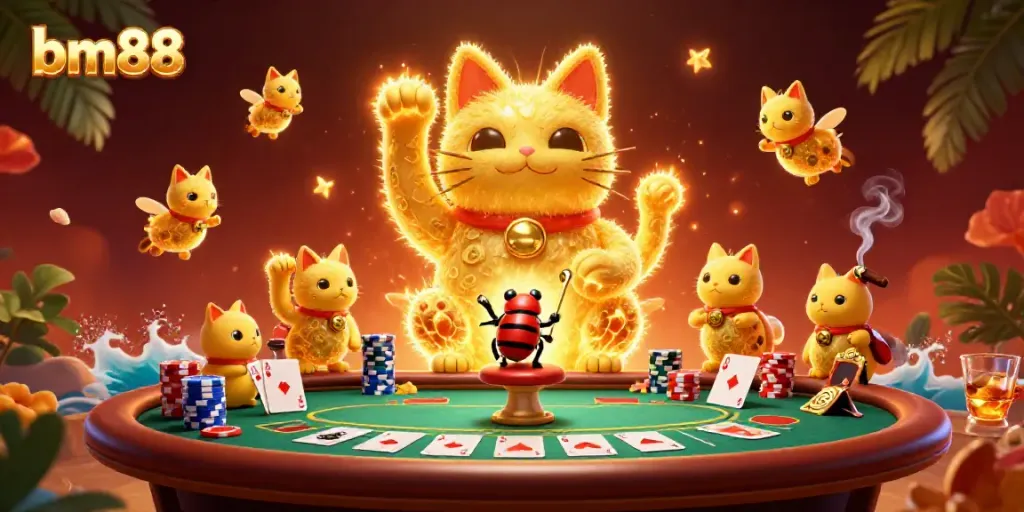 Engage with bm88's vibrant casino atmosphere featuring a golden lucky cat and poker elements.