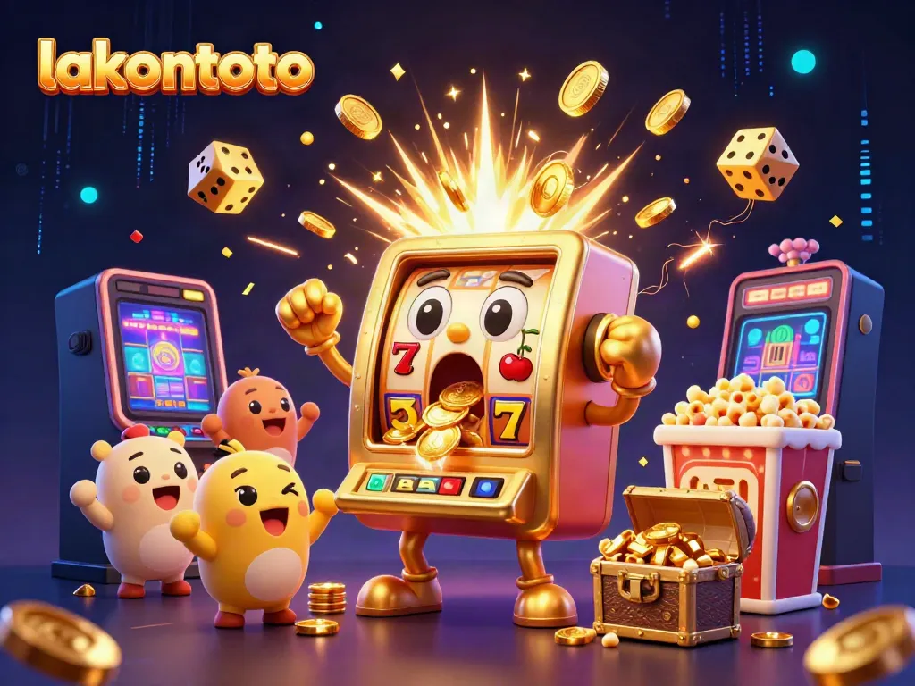 Lakontoto menghadirkan mesin slot emas yang mengejutkan saat mendapatkan jackpot, dengan koin berhamburan.