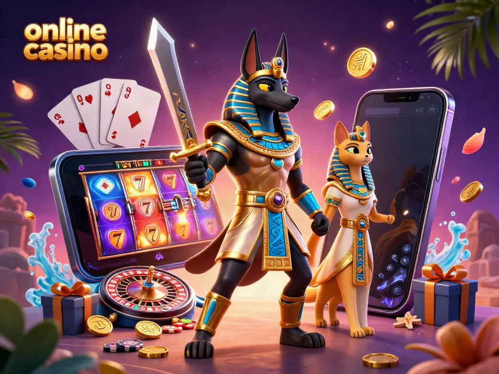 Experience thrilling action at an online casino with Anubis, Bastet, and vibrant gaming elements.