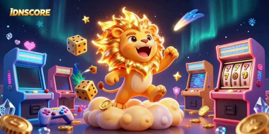 Join the fun with IDNSCORE showcasing a vibrant casino scene featuring a lion, dice, and arcade elements.