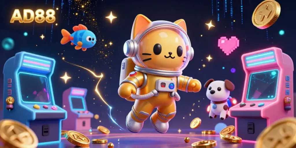 Win big with AD88 in this vibrant 3D casino illustration featuring an astronaut cat and alien companions.