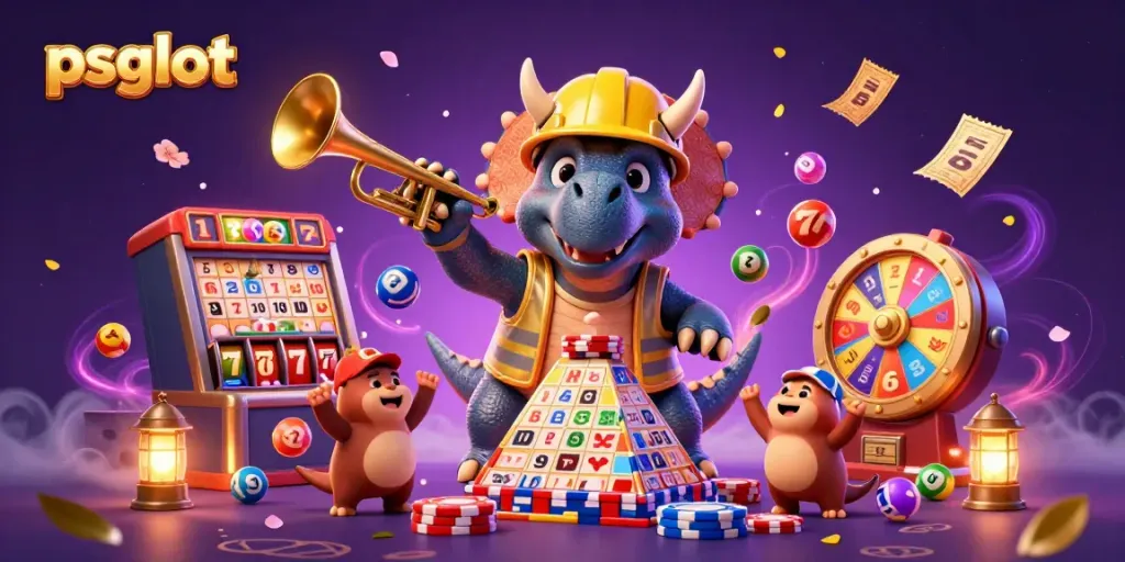 Join the celebration with psgslot featuring a triceratops and fun casino elements in a vibrant scene.