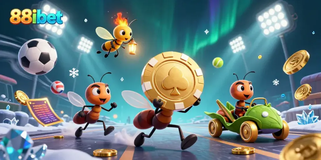 88ibet shows a vibrant 3D scene with cartoon ants heisting a giant poker chip in an energetic casino environment.